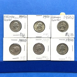 lot 209 image: 6-Piece Washington Silver Quarter Lot  1949, 1949-D, 1950, 1950-D, 1950-S, 1951-D  Mixed Grades