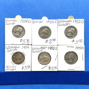 lot 210 image: 6-Piece Washington Silver Quarter Lot  1951-S, 1952-D, 1952-S, 1954, 1954-D, 1954-S  Mixed Grades