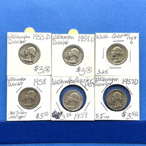 lot 211 image: 6-Piece Washington Silver Quarter Lot  1953-D, 1957-D, 1958, 1958-D, 1959, 1959-D  Mixed Grades