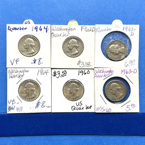 lot 212 image: 7-Piece Washington Silver Quarter Lot  1960, 1962-D (2x), 1963-D, 1964, 1964 VF  Mixed Grades