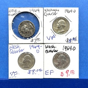 lot 213 image: 4-Piece Washington Silver Quarter Lot  1964, 1964-D (3x)  VF to EF Grades