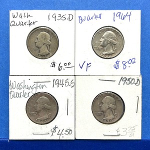 lot 214 image: 4-Piece Washington Silver Quarter Lot  1935-D, 1945-S, 1950-D, 1964  Mixed Grades