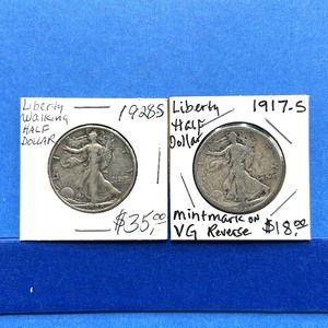 lot 215 image: 2-Piece Walking Liberty Half Dollar Lot  1917-S (Reverse Mintmark), 1928-S  VG Grade