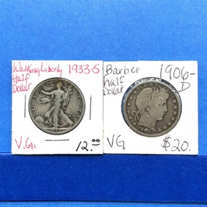 lot 216 image: 2-Piece Half Dollar Lot  1906-D Barber (VG), 1933-S Walking Liberty (VG)