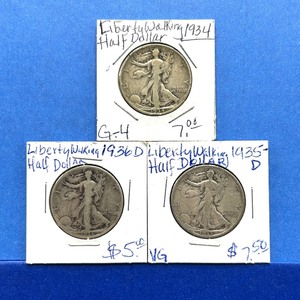 lot 217 image: 3-Piece Walking Liberty Half Dollar Lot  1934, 1935-D, 1936-D  to VG Grades