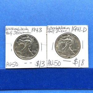 lot 220 image: 2-Piece Walking Liberty Half Dollar Lot  1941-D, 1943  AU50