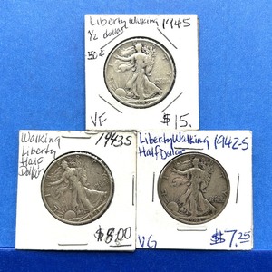 lot 221 image: 3-Piece Walking Liberty Half Dollar Lot  1942-S, 1943-S, 1945  VG to VF