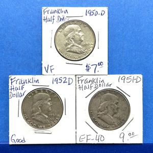 lot 223 image: 3-Piece Franklin Half Dollar Lot  1950-D, 1951-D, 1952-D  Good to EF-40