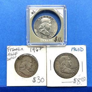 lot 224 image: 3-Piece Franklin Half Dollar Lot  1962, 1963-D, 1961 (Holdered)  Circulated