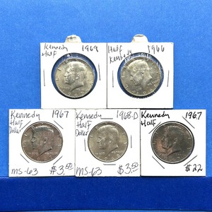 lot 225 image: 5-Piece Kennedy Half Dollar Lot  1966, 1967 (2x), 1968-D, 1969  40% Silver