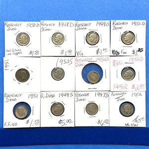 lot 230 image: 12-Piece Dime Lot  Roosevelt Dimes 19471952  1951 Australia Silver Sixpence