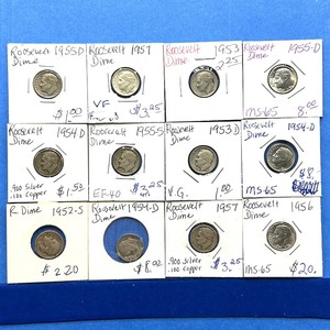 lot 231 image: 12-Piece Roosevelt Dime Lot  1952-S to 1957  MS-65, VF, EF, and Circulated