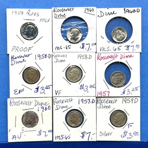 lot 232 image: 9-Piece Roosevelt Dime Lot  1957 to 1960  MS-65, PF-65, AU, Circulated