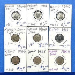 lot 233 image: 9-Piece Roosevelt Dime Lot  1960 to 1963  Unc., MS-65, MS-63, VF