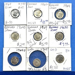 lot 234 image: 9-Piece Roosevelt Dime Lot  1962 to 1964-D  MS & BU  90% Silver