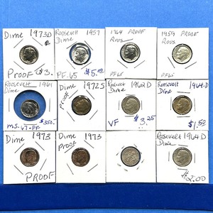 lot 235 image: 12-Piece Roosevelt Dime Lot  Proofs, BU & Circulated  1957 to 1974
