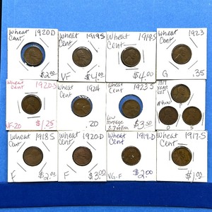 lot 236 image: 12-Piece Lincoln Wheat Cent Lot  Semi-Key Dates, 1910s1920s, Incl. 1919 P-D-S Set & 1923-S