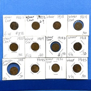 lot 239 image: 12-Piece Lincoln Wheat Cent Lot  1918 to 1930  Includes 1922-D & 1925-S