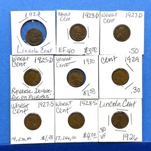 lot 241 image: 9-Piece Lincoln Wheat Cent Lot  1923 to 1930  Includes 1928-S, EF-40 & Double Die