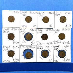 lot 242 image: 12-Piece Lincoln Wheat Cent Lot  1930 to 1937  Includes 1933-D & 1932-D