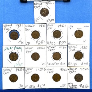 lot 243 image: 13-Piece Lincoln Wheat Cent Lot  1930 to 1938  Includes 1933-D, 1931-D & 1935-S