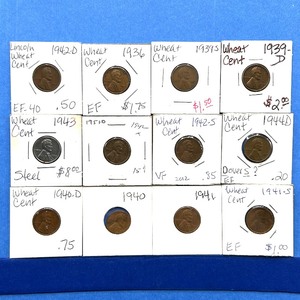 lot 246 image: 12-Coin Wheat Cent Lot  1936 to 1951-D  Includes 1943 Steel & 1941-S