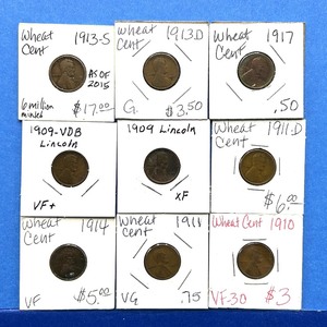 lot 248 image: 9-Lot Early Lincoln Wheat Cents  Includes 1909 VDB, 1913-S & 1911-D