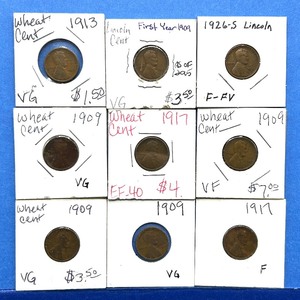 lot 250 image: 9-Piece Lincoln Wheat Cent Lot  Early Dates incl. 1909s, 1913s & 1926-S