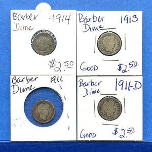 lot 252 image: 4-Piece Barber Dime Lot  1911 to 1914  Circulated Condition