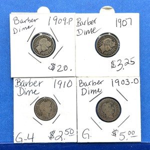 lot 253 image: 4-Piece Barber Dime Lot  1903 to 1910  Mixed Mintmarks & Circulated Grades