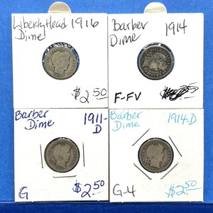 lot 254 image: 4-Piece Barber & Liberty Head Dime Lot  1911-D to 1916