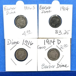 lot 255 image: 4-Piece Barber Dime Lot  1914 to 1916-S