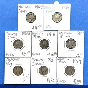 lot 256 image: 8-Piece Mercury Dime Lot  Early Dates  1916 to 1920-S