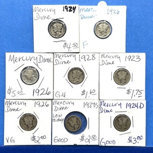 lot 257 image: 8-Piece Mercury Dime Lot  1923 to 1928  Includes 1924-D & 1927-S