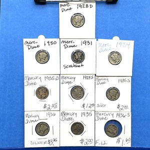lot 258 image: 10-Piece Mercury Dime Lot  1928 to 1936  Includes 1929-S & 1936-S