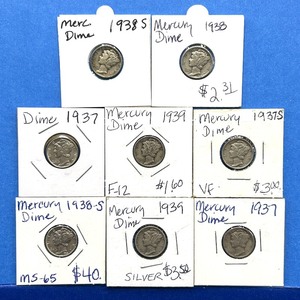 lot 259 image: 8-Piece Mercury Dime Lot  1937 to 1939  Silver Coins, VF to MS-65