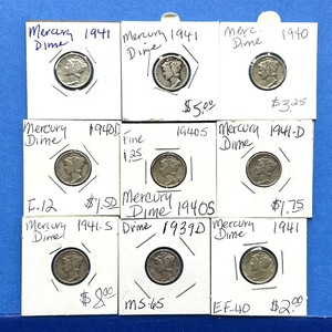 lot 260 image: 9-Piece Mercury Dime Lot  1939 to 1945  Includes MS-65 & 1941-S