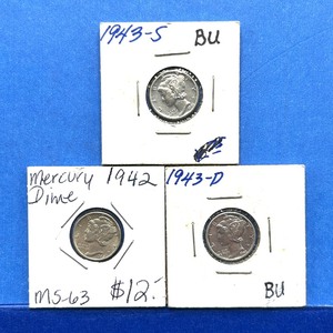 lot 264 image: 3-Piece Mercury Dime Lot  BU & MS63  19421943