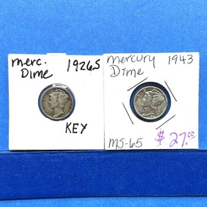 lot 265 image: 2-Piece Mercury Dime Lot  Key Date & MS65  1926-S, 1943