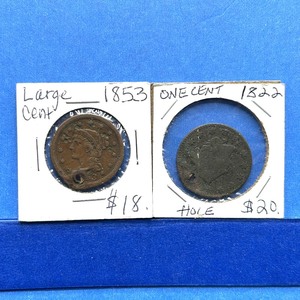 lot 266 image: 2-Piece Large Cent Lot  1822 & 1853 with Holed Examples