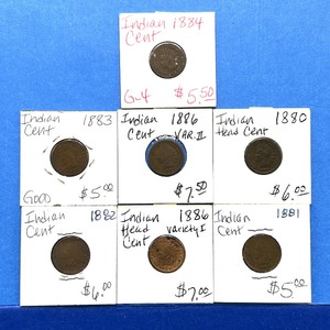 lot 269 image: 7-Piece Indian Cent Lot  1880s Including 1886 Varieties I & II