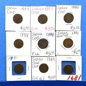 lot 270 image: 9-Piece Indian Cent Lot  1880s-1891 with Multiple 1887s and 1889s