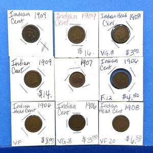 lot 275 image: 9-Piece Indian Cent Lot  1906 to 1909