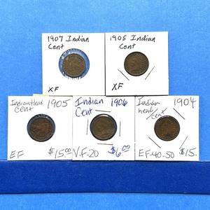lot 276 image: 5-Piece Indian Cent Lot  1904 to 1907