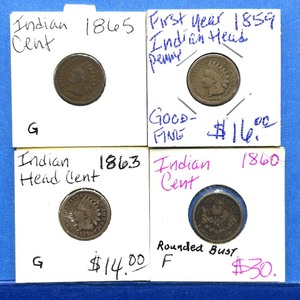 lot 278 image: 4-Piece Indian Cent Lot  1859 to 1865