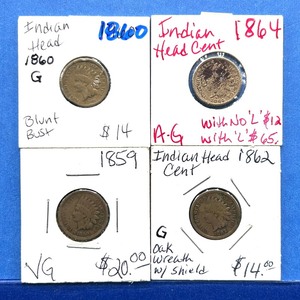 lot 279 image: 4-Piece Indian Cent Lot  1859 to 1864