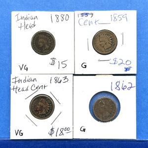lot 280 image: 4-Piece Indian Cent Lot  1859, 1862, 1863, 1880