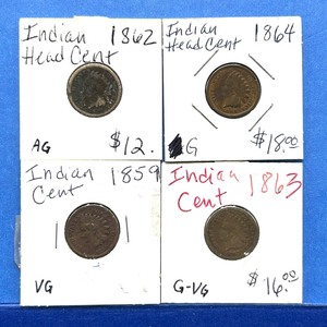 lot 281 image: 4-Piece Indian Cent Lot  1859, 1862, 1863, 1864
