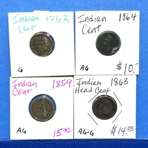 lot 282 image: 4-Piece Indian Cent Lot  1859, 1862, 1863, 1864