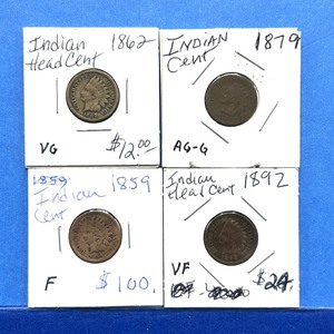 lot 283 image: 4-Piece Indian Cent Lot  1859, 1862, 1879, 1892